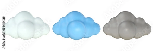Obraz This 3D rendering presents a serene trio of fluffy clouds in white, blue, and gray, evoking a sense of a calm, overcast sky.