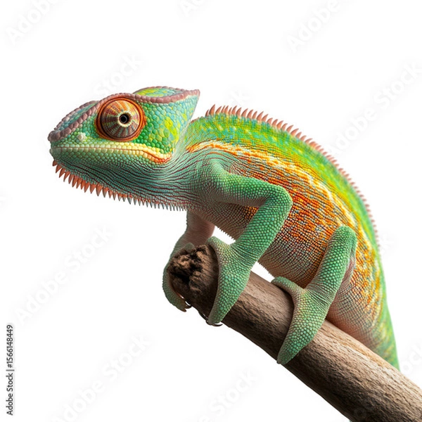 Fototapeta Detailed close up of a vibrant green and orange chameleon perched on a branch isolated on transparent background