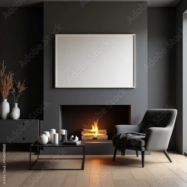 Fototapeta Modern living room interior design with fireplace armchair and blank frame mockup template scene render