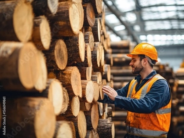 Obraz Worker examines timber logs in a storage facility during daylight