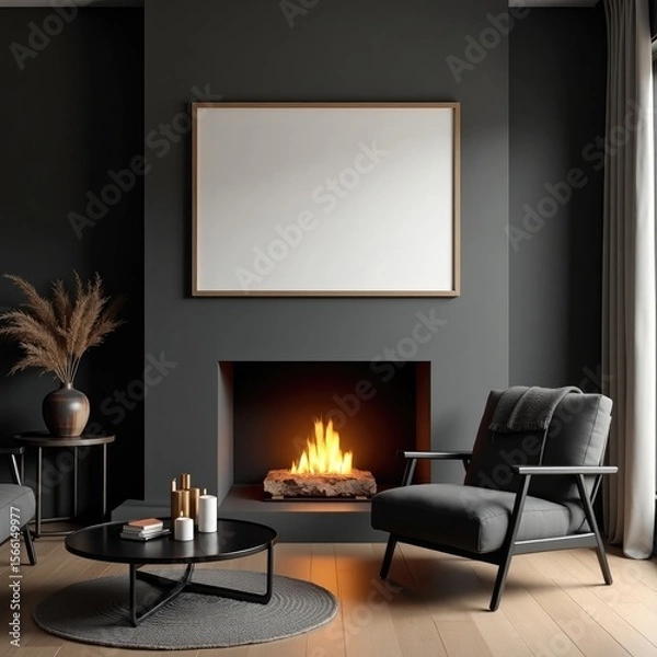 Fototapeta Modern living room interior design with fireplace and blank frame mockup for artwork display idea