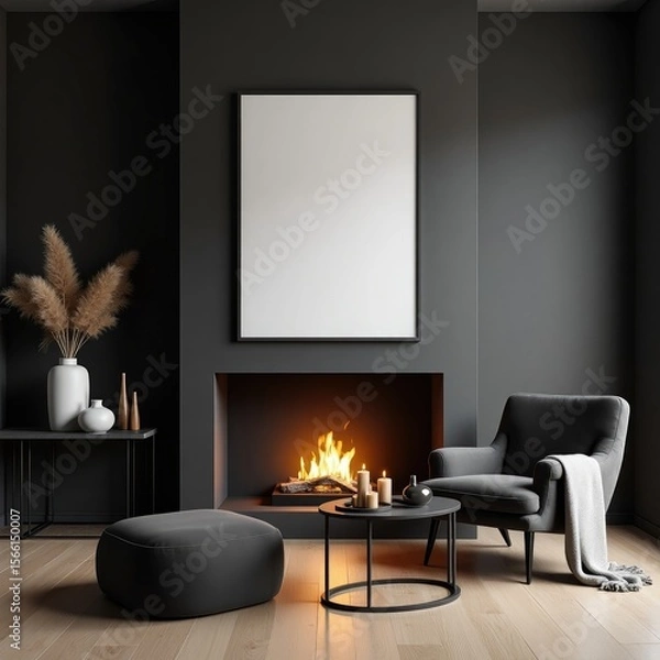 Fototapeta Modern living room interior design with fireplace and blank frame mockup for artwork display ideas
