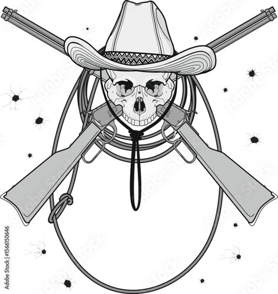 Fototapeta skull in cowboy hat with crossed rifles isolated on white background
