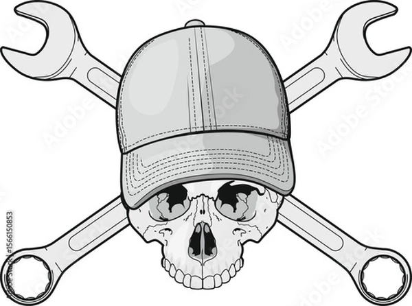 Fototapeta skull of plumber mechanic with crossed wrenches in cap isolated on white background