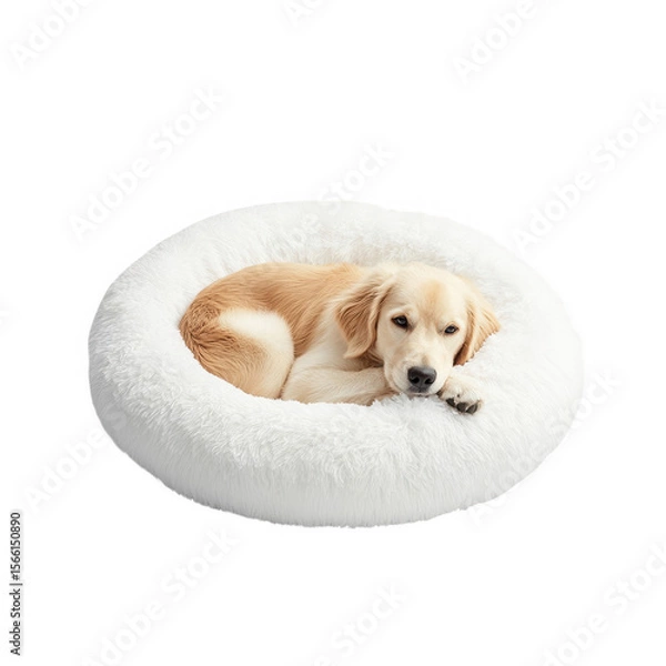 Fototapeta Adorable golden retriever puppy resting comfortably in a soft white round pet bed isolated on transparent background