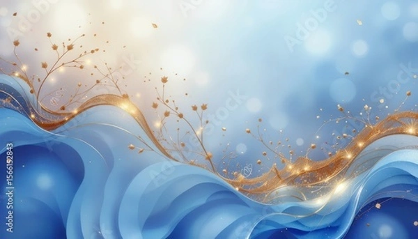 Obraz Elegant blue wave background with golden accents and delicate floral patterns