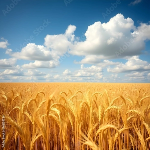 Fototapeta Golden wheat field under a bright blue sky with fluffy white clouds on a sunny day.