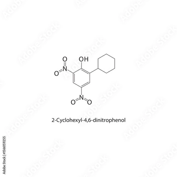 Obraz 2-Cyclohexyl-4,6-dinitrophenol skeletal structure. Nitro phenol compound schematic illustration. Simple diagram, chemical formula.