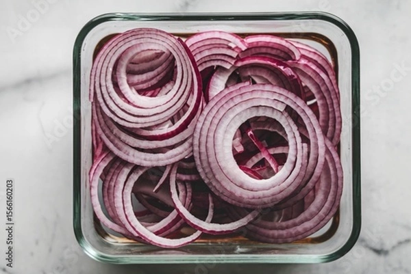 Fototapeta A photo of a transparent glass container with thinly sliced red onions