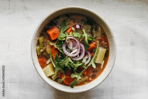 Fototapeta A photo of a top view of a vegetable soup garnished with sliced shallots