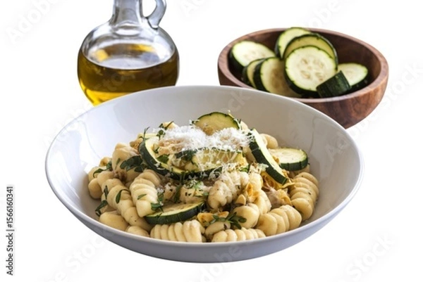 Fototapeta A photo of a white bowl filled with a delicious-looking dish made of gnocchi