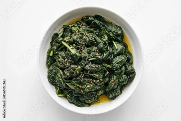 Fototapeta A photo of cooked spinach in a white bowl.