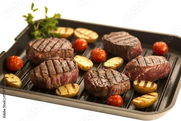 Fototapeta perfectly grilled beef steaks arranged on a sleek black rectangular grill