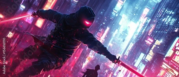 Fototapeta Ninja in action in a futuristic neon city