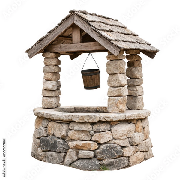 Obraz Old stone wishing well with wooden roof and bucket vintage garden architecture design