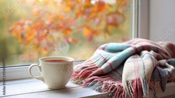 Fototapeta A cup of tea and a plaid blanket on a windowsill, colorful autumn trees outside, soft light filtering through the window