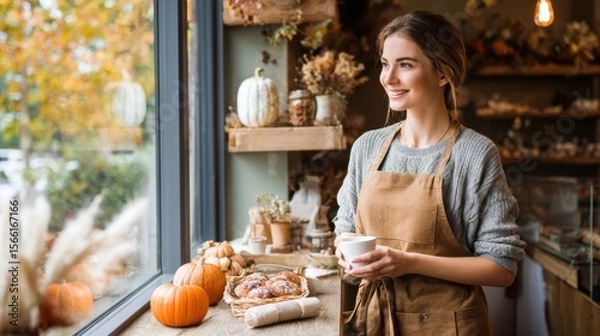Fototapeta barista in warm toned apron serving coffee in bakery with autumn decor, pumpkins on shelves, cinnamon buns, cozy lighting, falling leaves seen through