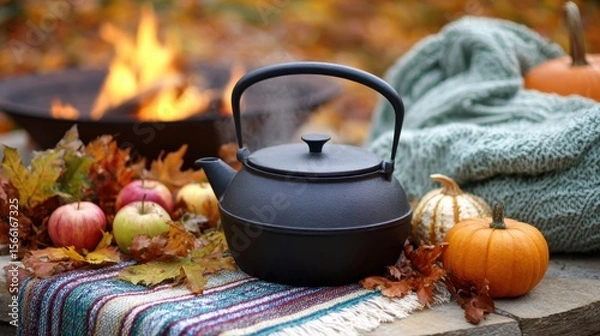 Fototapeta Cast iron pot over fire pit in garden, steaming apple cider inside, surrounded by pumpkins, apples, autumn leaves and cozy blankets