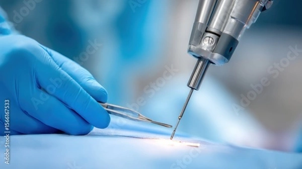 Fototapeta close up of high precision robotic scalpel making incision during simulated operation