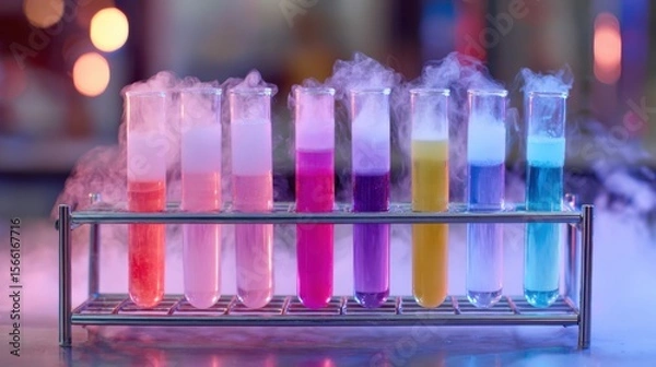 Fototapeta colorful chemical reaction in test tubes, glowing mist and smoke rising, placed in metal rack on lab bench, soft shadows, no people