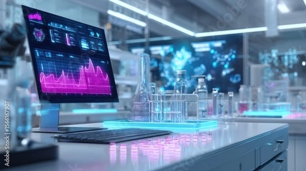 Fototapeta digital lab dashboard with sample tracking and test results, holographic screen above laboratory table with glowing charts and molecular data
