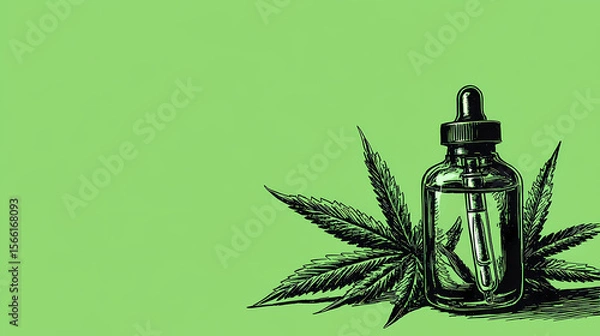 Fototapeta A dropper bottle with cannabis leaves on a green background. An illustration of a cosmetic or medical serum filled with liquid next to a cannabis leaf. The image is in a black white line drawing style