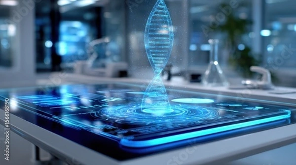 Fototapeta futuristic holographic science interface hovering above lab desk, glowing data charts, DNA helix projection, blue ambient light, no people