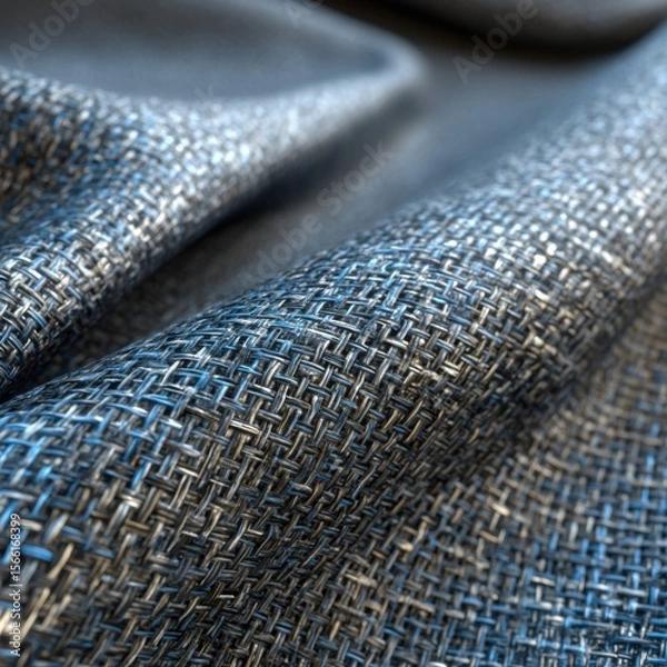 Fototapeta macro graphite steel + blue linen weave, realistic surfaces, side light, 8 k clarity, depth