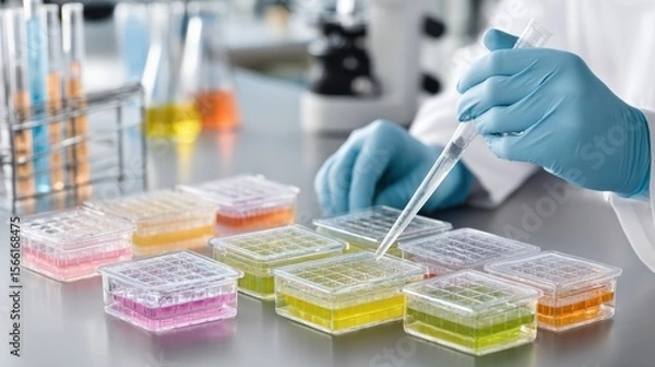 Fototapeta multiwell plates with colored liquid samples on lab table, scientist wearing gloves using pipette, clean biochemical lab, soft clinical light