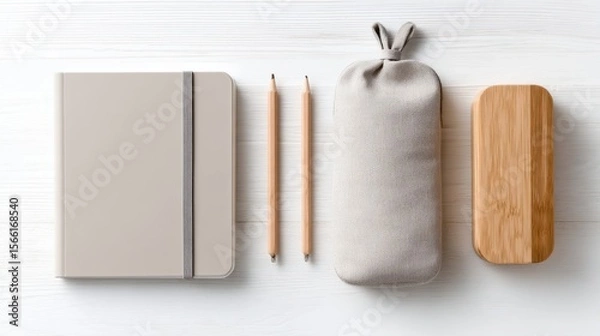 Fototapeta Neatly arranged beige and light gray school supplies on a white desk, with a notebook and wooden pencil case, soft morning light, elegant composition