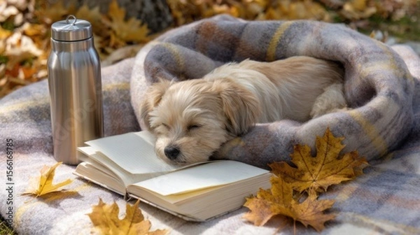 Fototapeta Small dog curled up on a soft plaid blanket, golden leaves around, cozy outdoor scene with thermos and book nearby, warm sunlight