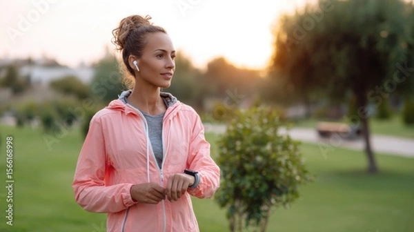 Fototapeta woman using smartwatch to track heart rate and breathing, walking slowly through peaceful park at sunset