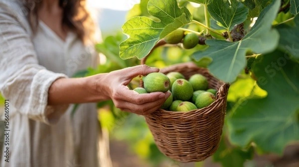 Fototapeta Woman's hands gently picking ripe figs into a woven basket, sunlit fig tree with broad green leaves, soft warm light and earthy tones