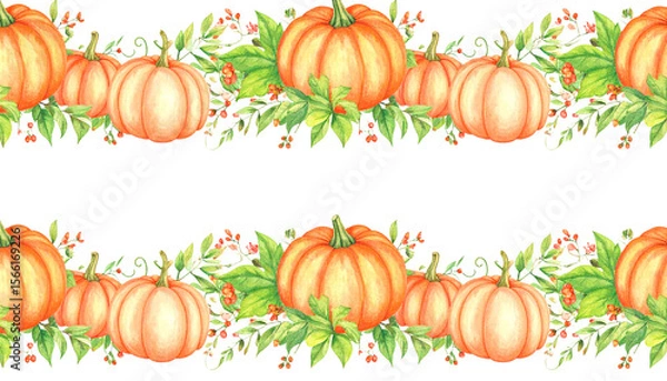 Fototapeta Autumn flowers and leaves background with pumpkins on white background.
