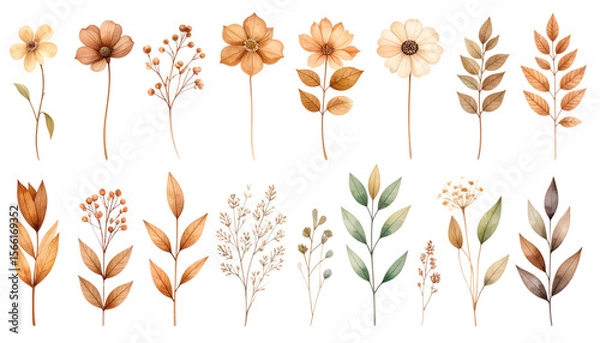 Fototapeta Beautiful watercolor floral and leaf background with golden elements on white background.