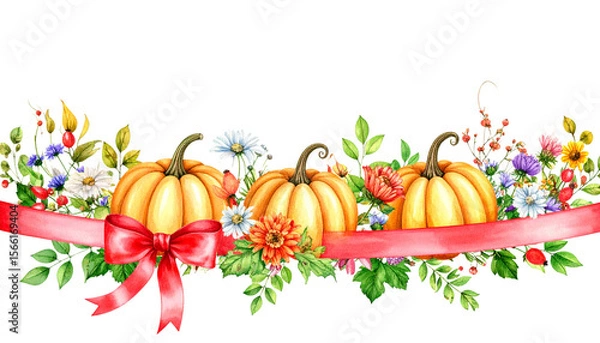 Fototapeta Autumn flowers and leaves background with pumpkins on white background.
