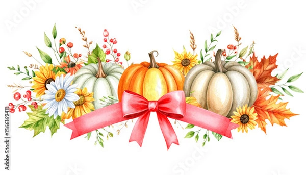 Fototapeta Autumn flowers and leaves background with pumpkins on white background.
