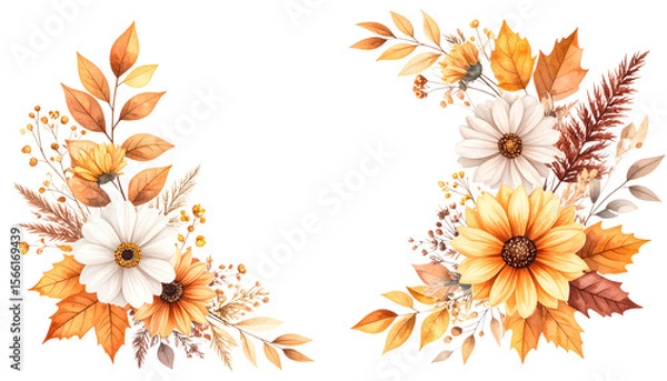 Fototapeta Beautiful watercolor floral and leaf background with golden elements on white background.
