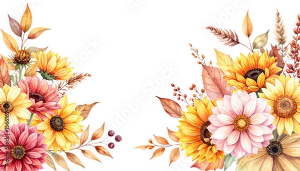 Fototapeta Beautiful watercolor floral and leaf background with golden elements on white background.