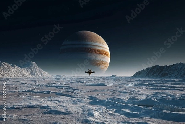 Fototapeta view of jupiter from the smooth surface of ice covered Europa with spacecraft landing generated image