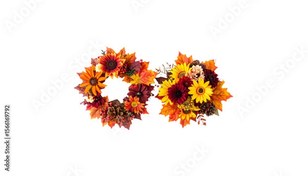 Fototapeta Autumn flowers and leaves background with pumpkins on white background.
