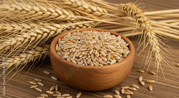 Obraz Ingredient focus: a simple wooden bowl showcasing natural wheat grains and husks