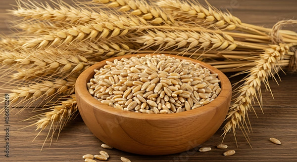 Obraz Farm-to-table concept: a bowl of wheat grains and stalks on a rustic wooden background