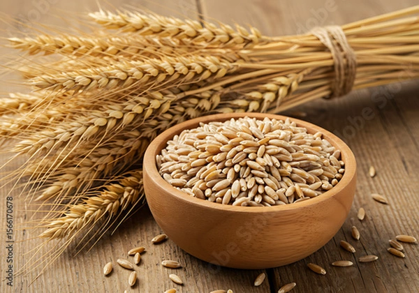 Obraz Close-up of raw wheat grains in a bowl, complemented by golden wheat ears on wood