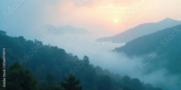 Fototapeta Misty Mountain Landscape at Dusk Ethereal Fog, Soft Light, Serene Atmosphere, Perfect for Fantasy or Mystery Backgrounds