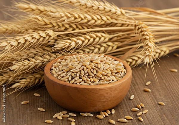 Obraz Rustic wooden bowl filled with golden wheat grains, surrounded by dry wheat stalks