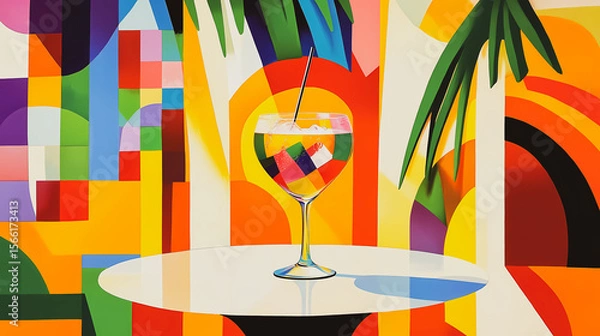 Fototapeta A vibrant cocktail with geometric shapes, ideal for digital design and artistic projects. An artistic illustration of a drink in a glass, presented on a modern, colorful geometric background.