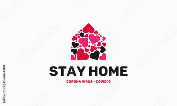 Fototapeta Stay home quote text, hash tag or hashtag. Coronavirus COVID 19 protection logo, Stay at home slogan with house and heart vector