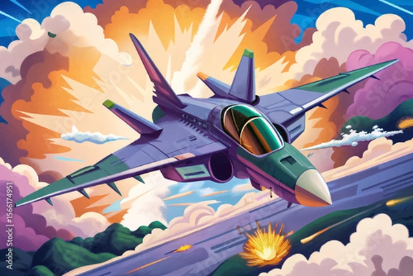 Fototapeta air combat illustration featuring a fighter jet mid-flight and a dramatic explosion cartoon vector ideal for aerial war game assets, posters, and military-themed visual content.