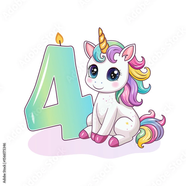 Fototapeta An invitation to a birthday party. Cute unicorn with the number 4. Vector illustration.